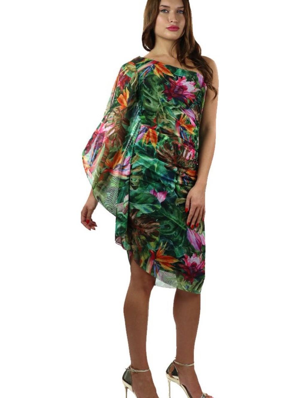 Elena Kattan Tropicana One Shoulder Angel Sleeve Asymmetrical Hem Dress